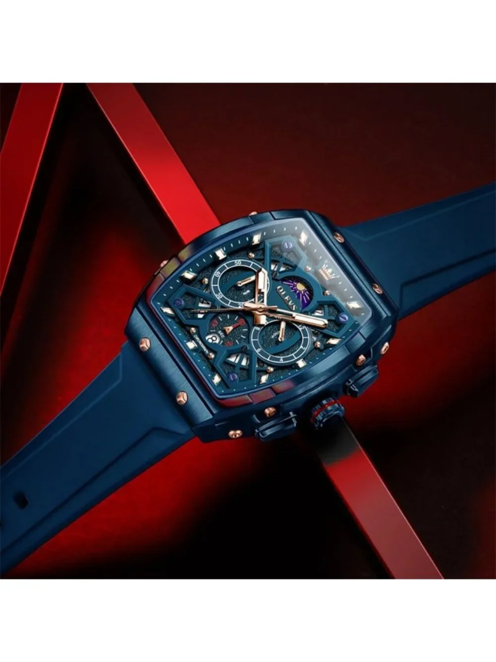 Men's All Blue Chronograph Waterproof Rectangle Moon Phase Luminous Quartz Watch